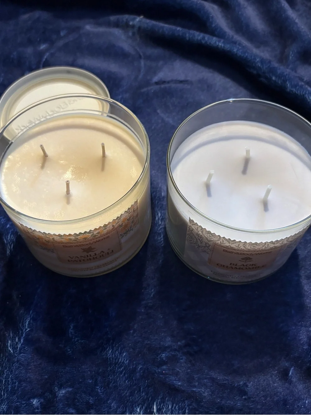 Bath & Body Works Vanilla + Patchouli and Black Chamomile Candles - Cream & Gray